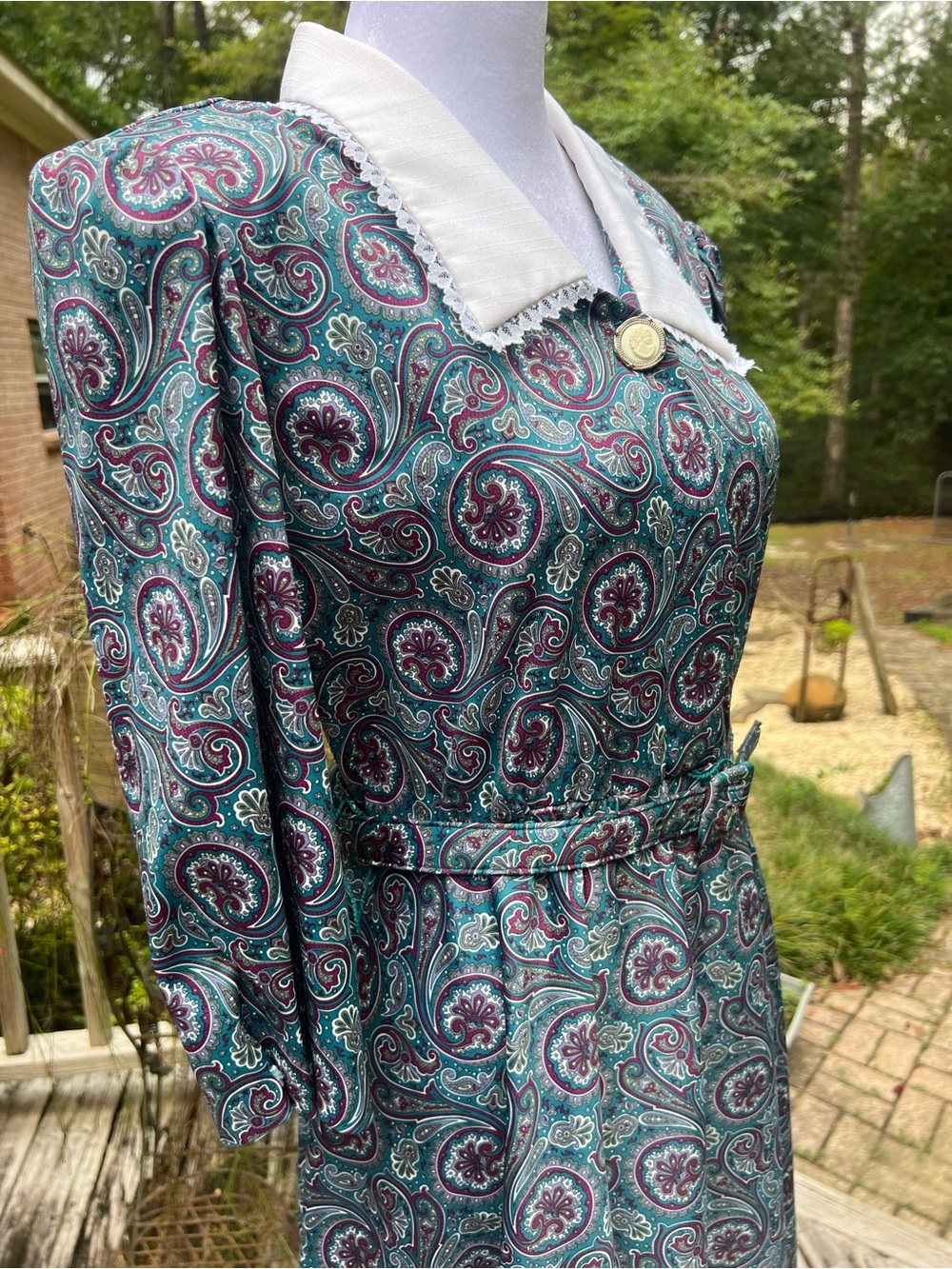 Vintage Teal Paisley Floral Midi Dress White Collar Belt Cottagecore Retro